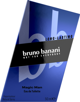 Męska woda toaletowa Bruno Banani Magic Man 50ml w ukośnym, niebiesko-czarnym pudełku z napisem LONG-LASTING.