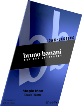 Męska woda toaletowa Bruno Banani Magic Man 50ml w ukośnym, niebiesko-czarnym pudełku z napisem LONG-LASTING.