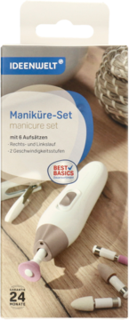 IDEENWELT elektryczny zestaw do manicure, białe urządzenie z 6 końcówkami, na tle opakowania i drewna.