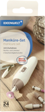 IDEENWELT elektryczny zestaw do manicure, białe urządzenie z 6 końcówkami, na tle opakowania i drewna.