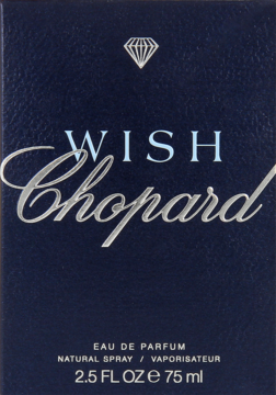 Granatowe pudełko perfum Chopard Wish z srebrnym logo i diamentem, widok z przodu.