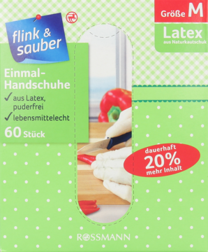 Zielono-białe opakowanie jednorazowych rękawiczek lateksowych flink & sauber, rozm. M, 60 sztuk. Widok z przodu.