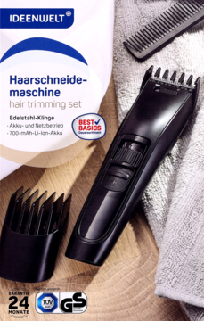 IDEENWELT maszynka do włosów z ostrzem ze stali nierdzewnej, akumulatorem Li-Ion 700 mAh, widok z góry z akcesoriami.