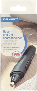 Ciemnoszary trymer Ideenwelt do nosa i uszu na drewnianym blacie obok biało-niebieskiego opakowania produktu.