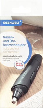 Ideenwelt trymer do nosa i uszu, czarny, w białym opakowaniu z niebieskim logo, napis 'Nasen- und Ohr-haarschneider'.
