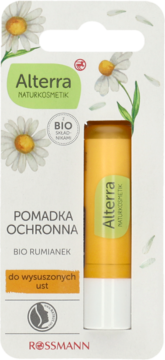 Alterra pomadka ochronna z bio rumiankiem do suchych ust, w białym opakowaniu z kwiatami, widok z przodu.