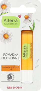Alterra Naturkosmetik pomadka ochronna, żółto-biała, w białym opakowaniu z rumiankami, do suchych ust.