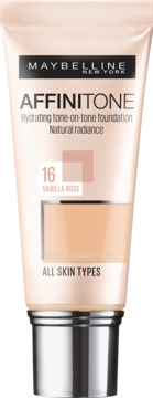Beżowa tubka podkładu Maybelline Affinitone Hydrating w odcieniu 16 Vanilla Rose, do wszystkich typów skóry.