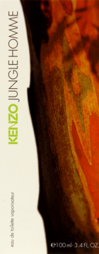 Kenzo Jungle Homme woda toaletowa, prostokątne pudełko 100ml, z białym panelem i pomarańczowo-zielonym wzorem.
