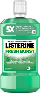 Zielony płyn do płukania ust Listerine Fresh Burst 500ml, widok z przodu, redukuje płytkę bakteryjną.