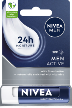 Nivea Men Active pomadka do ust, ciemnoniebieskie opakowanie z oznaczeniem SPF 15 i 24h moisture.