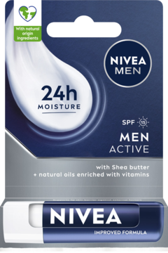 Nivea Men Active pomadka do ust, ciemnoniebieskie opakowanie z oznaczeniem SPF 15 i 24h moisture.