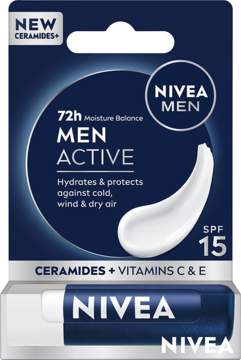 NIVEA MEN Active pomadka ochronna z SPF 15 i ceramidami w ciemnoniebieskim blistrze, widok z przodu.