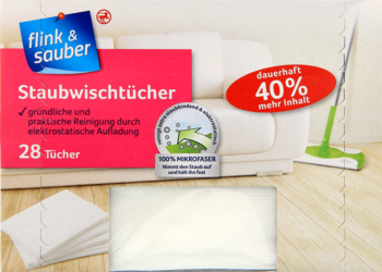 Opakowanie ściereczek do kurzu Flink & Sauber 28 szt., z tekstem 40% więcej, widoczne białe mikrofibry i mop.