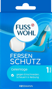 Niebieskie opakowanie wkładek żelowych Fusswohl Fersenschutz, z grafiką szpilki i żelu, widok z przodu.