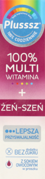 Pionowa różowa etykieta Plusssz Multiwitamina Żeń-szeń, z białym tekstem i tęczowym logo 100% CODZIENNIE.