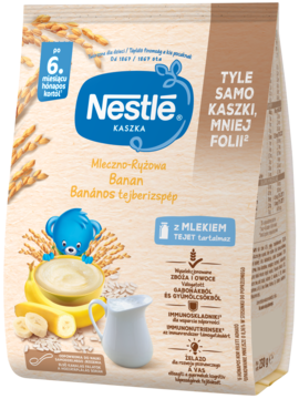 Nestlé Kaszka Mleczno-Ryżowa Banan 6m+, front brązowej torebki z ilustracją owoców i miseczki kaszki.