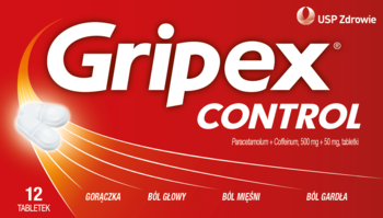 Czerwone pudełko Gripex Control, lek na gorączkę, ból głowy i mięśni. Widok z przodu, 12 tabletek.