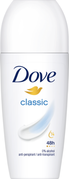 Biały antyperspirant w kulce Dove Classic 48h z 0% alkoholu, widok z przodu, ze złotym logo gołębia.