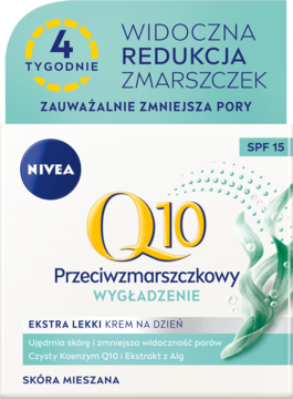 Białe opakowanie NIVEA Q10 Przeciwzmarszczkowy krem na dzień SPF 15 dla cery mieszanej, redukuje pory.