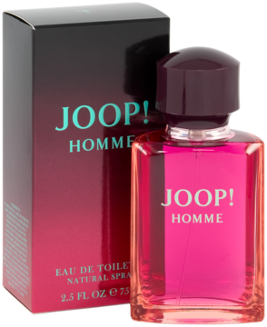 JOOP! Homme, woda toaletowa w różowej butelce z burgundową nakrętką, obok czarnego opakowania z gradientem.