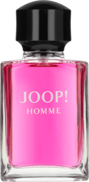 JOOP! Homme męska woda toaletowa w przezroczystej butelce z intensywnie różowym płynem i czarną nakrętką, widok z przodu.