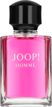 JOOP! Homme męska woda toaletowa w przezroczystej butelce z intensywnie różowym płynem i czarną nakrętką, widok z przodu.