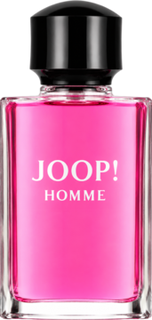 Flakon perfum JOOP! Homme, klarowne szkło, intensywny różowy płyn, czarna lśniąca nakrętka, widok z przodu.