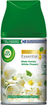 Air Wick Automatic Spray Refill Białe Kwiaty Essential Oils, biało-zielona puszka z kwiatowym wzorem, widok z przodu.