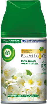 Air Wick Automatic Spray Refill Białe Kwiaty Essential Oils, biało-zielona puszka z kwiatowym wzorem, widok z przodu.