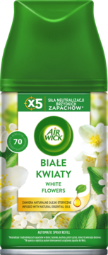 Wkład Air Wick Freshmatic, Białe Kwiaty, zielono-biały z esencją olejków, neutralizuje zapach, przód.