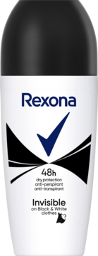 Rexona Invisible roll-on antyperspirant 48h, biała butelka z czarną nakrętką, widok z przodu.