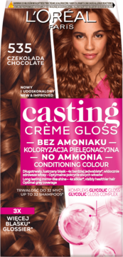 Front opakowania L'Oréal Casting Crème Gloss 535 Czekolada. Farba bez amoniaku dla lśniących włosów z Glycolic Gloss Complex.
