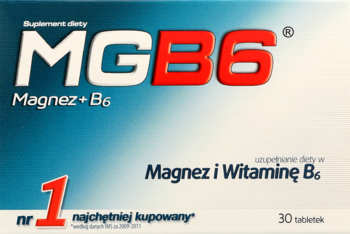 MGB6 Magnez+B6 suplement diety, niebiesko-białe pudełko z dużym napisem MGB6 i "nr 1", widok z przodu.