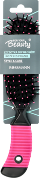 Czarno-różowa szczotka do włosów For Your Beauty Rossmann, do rozczesywania i stylizacji, widok z przodu w opakowaniu.