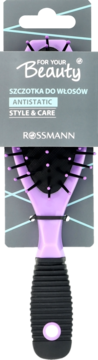 Antystatyczna szczotka do włosów For Your Beauty Rossmann, lawendowo-czarna, widok z przodu w opakowaniu.