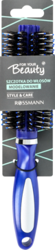 Niebieska okrągła szczotka do modelowania Rossmann, z czarnymi włosiem i miękkimi kulkami, w blistrze.