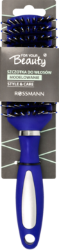Niebieska szczotka tunelowa Rossmann do modelowania włosów, na szarym opakowaniu z napisem 'Beauty'.