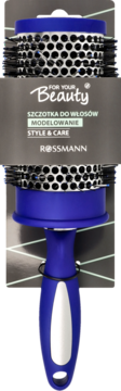 Niebieska okrągła szczotka termo For Your Beauty Rossmann w opakowaniu, do modelowania włosów, z perforowanym metalowym korpusem.