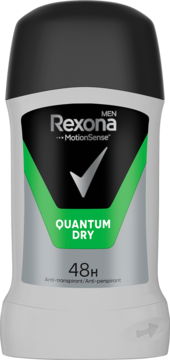 Rexona Men Quantum Dry 48h antyperspirant w sztyfcie, szara butelka z czarną nakrętką, zielona etykieta, widok z przodu.