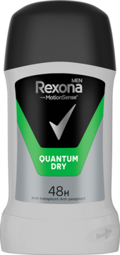 Rexona Men Quantum Dry 48h antyperspirant w sztyfcie, szara butelka z czarną nakrętką, zielona etykieta, widok z przodu.