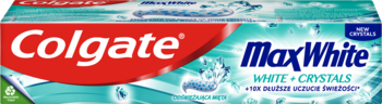 Opakowanie pasty Colgate Max White White + Crystals. Czerwone logo, niebieskie napisy na turkusowym tle, widok z przodu.
