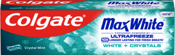 Pasta do zębów Colgate Max White Ultrafreeze Crystal Mint, z efektem wybielającym, opakowanie turkusowo-czerwone.