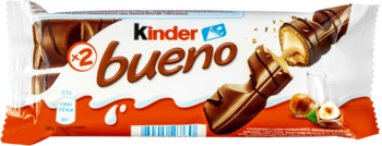 Opakowanie Kinder Bueno z dwoma batonami, jeden złamany ukazujący orzechowe nadzienie i chrupiący wafel.