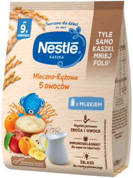 NESTLÉ ,kaszka mleczno-ryżowa, 5 owoców, po 9.m-cu,przód