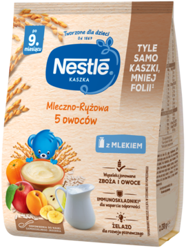 Beżowe opakowanie kaszki Nestle Mleczno-Ryżowej 5 owoców dla dzieci po 9. miesiącu, z grafikami owoców i napisem „ŻELAZO”.