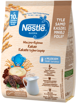 Front beżowej saszetki Nestlé Kaszka Mleczno-Ryżowa Kakao dla dzieci od 10m, z miseczką i ziarnami ryżu.