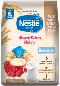 Nestle Mleczno-Ryżowa Malina Kaszka, beżowa torebka dla niemowląt od 6 miesiąca życia, z malinami i miseczką kaszki.