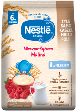 Nestle Mleczno-Ryżowa Malina Kaszka, beżowa torebka dla niemowląt od 6 miesiąca życia, z malinami i miseczką kaszki.