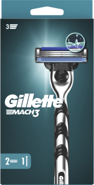 Maszynka Gillette Mach3 dla mężczyzn w ciemnoniebieskim opakowaniu, z przodu srebrna rączka i 3 ostrza.